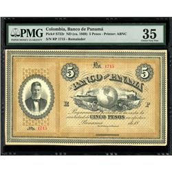 Colombia, Banco de Panama, 5 pesos, ND (ca. 1869), serial RP 1715, PMG Choice VF 35, finest known in