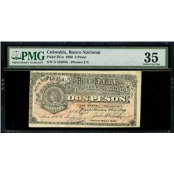 Bogota, Colombia, Banco Nacional, 2 pesos, 28-10-1899, series D, serial 243956, woman faces left, PM