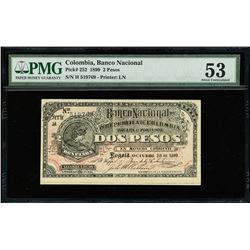 Bogota, Colombia, Banco Nacional, 2 pesos, 28-10-1899, series H, serial 519769, woman faces right, P