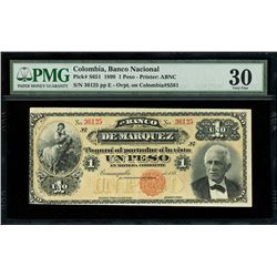 Bogota, Colombia, Banco Nacional, 1 peso, 30-10-1899 overprint on Barranquilla, Colombia, Banco de M