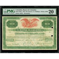 Bogota, Colombia, Banco de Colombia, 50 centavos (or) 2/- shillings remainder, 1-9-1918, series Y, P