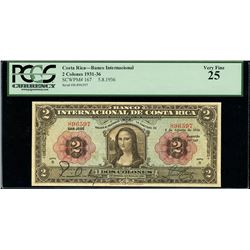San Jose, Costa Rica, Banco Internacional, 2 colones, 5-8-1936, PCGS VF 25, series B, serial 896597,