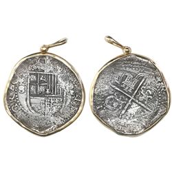 Seville, Spain, cob 8 reales, Philip II, assayer Gothic D at 4 o'clock outside tressure on reverse,