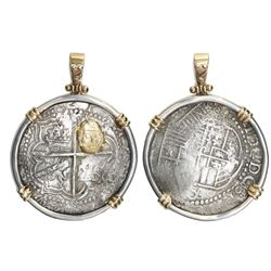 Potosi, Bolivia, cob 8 reales, Philip III, assayer Q, Grade 2, from the Atocha (1622), mounted cross