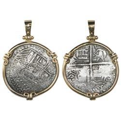 Potosi, Bolivia, cob 4 reales, Philip III, assayer Q, Grade 2, from the Atocha (1622), mounted cross