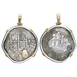 Potosi, Bolivia, cob 8 reales, 1653E, from the Capitana (1654), mounted cross-side out in silver bez