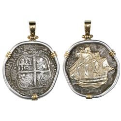 Potosi, Bolivia, cob 8 reales, 1654E, from the Capitana (1654), mounted cross-side out in silver bez