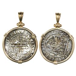 Mexico City, Mexico, cob 1 real, Philip II, assayer O to right, mintmark oM to left, mounted cross-s