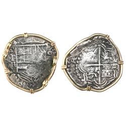 Potosi, Bolivia, cob 8 reales, Philip III, assayer R (curved leg), mounted cross-side out in 14K gol