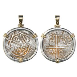 Potosi, Bolivia, cob 8 reales, Philip IV, assayer T, ex-"Panama hoard," mounted cross-side out in si