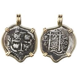 Potosi, Bolivia, cob 2 reales, 1702Y, mounted pillars-side out in 14K bezel.