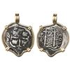 Image 1 : Potosi, Bolivia, cob 2 reales, 1702Y, mounted pillars-side out in 14K bezel.