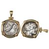 Image 1 : Attica, Athens, AR tetradrachm "owl," mounted owl-side out in 14K gold bezel with shackle bail.