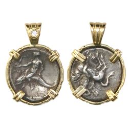 Calabria, Tarentum, AR nomos, 315-302 BC, mounted boy-on-dolphin side out in 14K gold bezel with dia