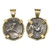 Image 1 : Calabria, Tarentum, AR nomos, 315-302 BC, mounted boy-on-dolphin side out in 14K gold bezel with dia