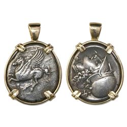 Corinth, Corinthia, AR stater, 4th century BC, mounted pegasus-side out in 14K gold bezel.