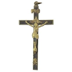 Spanish brass crucifix with black braided cord, 1800s.