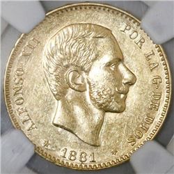 Madrid, Spain, 25 pesetas, Alfonso XII, 1881MS-M, with 18-81 inside six-point stars, NGC AU 58.