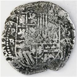 Potosi, Bolivia, cob 8 reales, Philip II, assayer B (4th period).