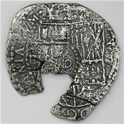 Potosi, Bolivia, cob 4 reales, 16(51-2)E, with crowned-o countermark on shield.