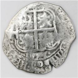 Potosi, Bolivia, cob 8 reales, 1654E, dot-PH-dot at top.