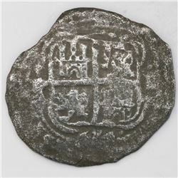 Potosi, Bolivia, cob 8 reales, 1654E, dot-PH-dot at top.