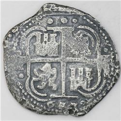 Potosi, Bolivia, cob 8 reales, 1653E, dot-PH-dot at top.