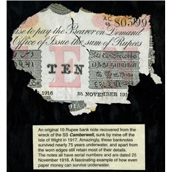 Calcutta, British India, 10 rupees, 25-1-1916, series AC 48, serial 80399, laminated with wreck info