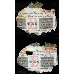 Lot of two Calcutta, British India, 10 rupees, 25-1-1916, series AC 48, serials 80380 and 80396, lam