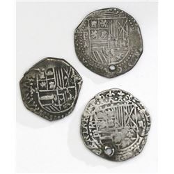 Lot of three Potosi, Bolivia, cob 2 reales, Philip II and III, assayers A/B, B (5th period, borders