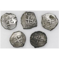 Lot of five Potosi, Bolivia, cob 8 reales: 1740M, 1755q, 1762V-(Y), 1766V-Y, 1767V-(Y) and 1771V-(Y)