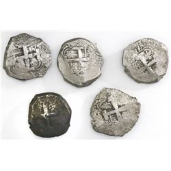 Lot of five Potosi, Bolivia, cob 8 reales: 1762V-(Y), 1763V-(Y), 1767V-(Y), 1771V-(Y) and 1772(V)-Y.