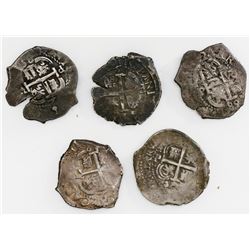 Lot of five Potosi, Bolivia, cob 2 reales, Philip IV and Charles II, dates as follows: 1662E, 1675E,