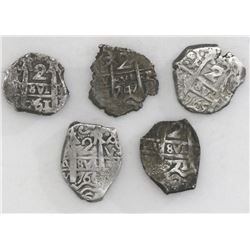 Lot of five Potosi, Bolivia, cob 2 reales: 1747q, 1761V-(Y), 1765V-(Y), 1766V-Y, and 1771V-(Y).