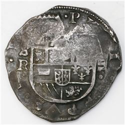 Seville, Spain, cob 8 reales, Philip IV, assayer R, rotated reverse legend.