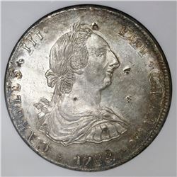 Potosi, Bolivia, bust 8 reales, Charles III, 1788PR, in-collar double strike, with chopmarks as from