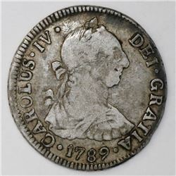 Santiago, Chile, bust 2 reales, Charles IV (bust of Charles III), 1789DA.