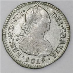Bogota, Colombia, bust 1 real, Ferdinand VII (bust of Charles IV), 1819FJ, inverted J.