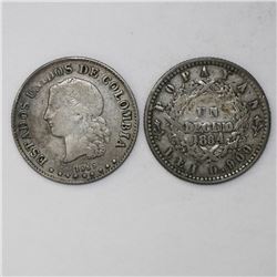 Lot of two Colombia coins: Popayan, 1 decimo, 1864, 0.900 fineness; Medellin, 10 centavos, 1885, 0.8