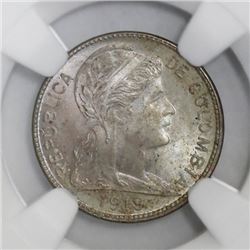 Colombia, copper-nickel 1 centavo, 1919, larger second 9, NGC MS 63, ex-Roberts (stated on label).