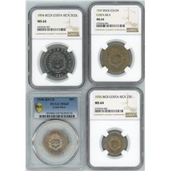 Lot of four Costa Rica coins: 2 colones, 1954, NGC MS 64; 1 colon, 1937, NGC MS 64; 50 centimos, 194