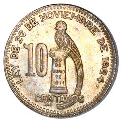 Guatemala, 10 centavos, 1925, NGC MS 64, finest and only known example in NGC census.