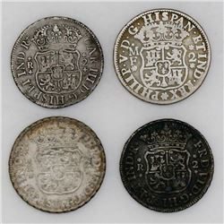 Lot of four Mexico City, Mexico, pillar 2 reales, various kings and dates: 1737MF, 1758M, 1759M and