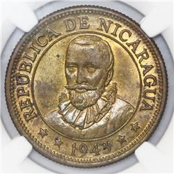 Nicaragua, brass 25 centavos, 1943, NGC MS 63.