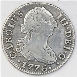 Seville, Spain, bust 2 reales, Charles III, 1776CF.
