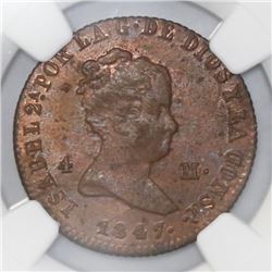 Jubia, Spain, bronze 4 maravedis, Isabel II, 1847-JA, NGC MS 63 RB.