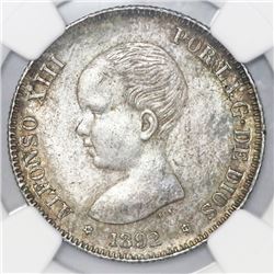 Spain, 2 pesetas, Alfonso XIII (infant bust), 1892PG-M with 18-92 inside stars, NGC AU 58.
