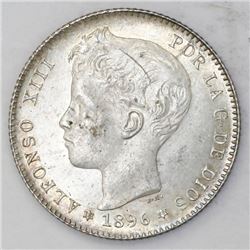 Madrid, Spain, 1 peseta, Alfonso XIII, 1896PG-V, with 18-96 inside six-point stars.