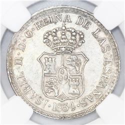 Guanabacoa, Cuba, silver proclamation medal, Isabel II, 1834, NGC AU 58.