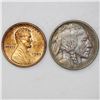 Image 1 : Lot of two USA (Philadelphia mint): nickel 5 cents "Buffalo," 1913, type 1; copper 1 cent "Lincoln,"